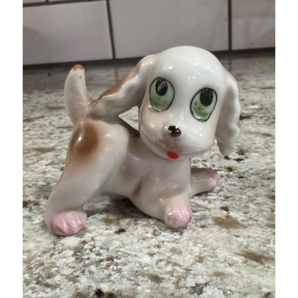 Vintage Ceramic Puppy Dog Figurine White Brown Green Eyes Made in Japan 2.25in